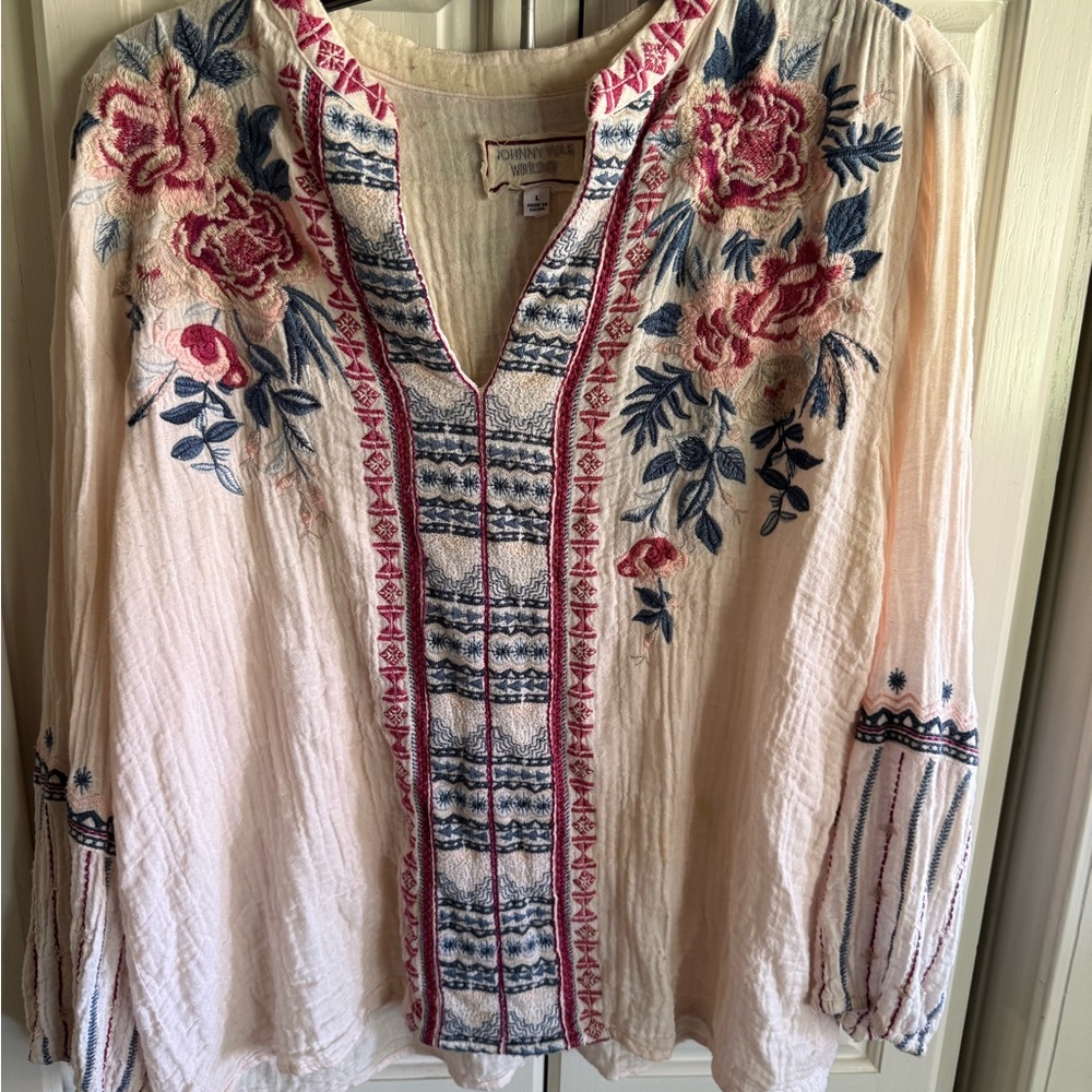 Johnny Was Pink Tunic with Blue and Rose Embroidery